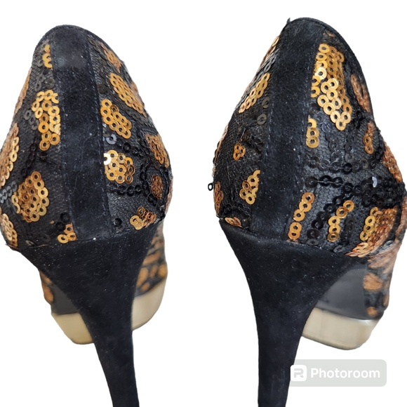 Vince Camuto Black & Gold Sequin Leopard Platform High Heels 6M - Picture 5 of 16